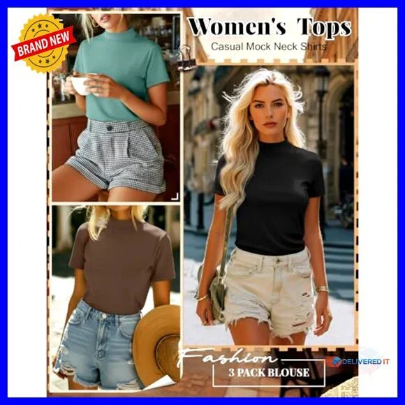 Mock Neck Turtleneck Tops Slim Fitted Dressy Casual Tees Summer Basic